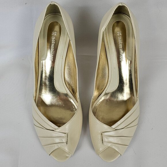 Womens 8.4M Cream Gold Open Toe Formal Business Casual Office  3" Pump Heel Shoe - Picture 7 of 14